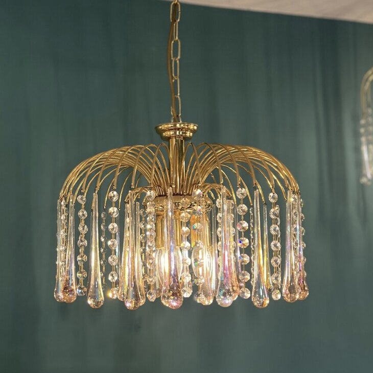 Vintage messing Murano glazen teardrop kroonluchter roze iriserend | Sprinkelhop