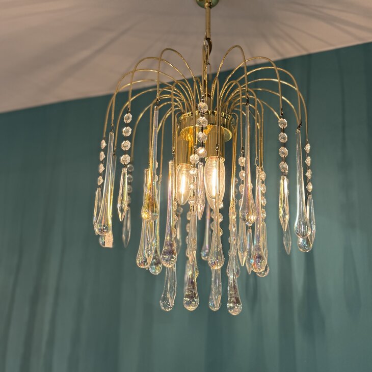 Vintage messing Murano glazen teardrop kroonluchter iriserend en transparant  | Sprinkelhop