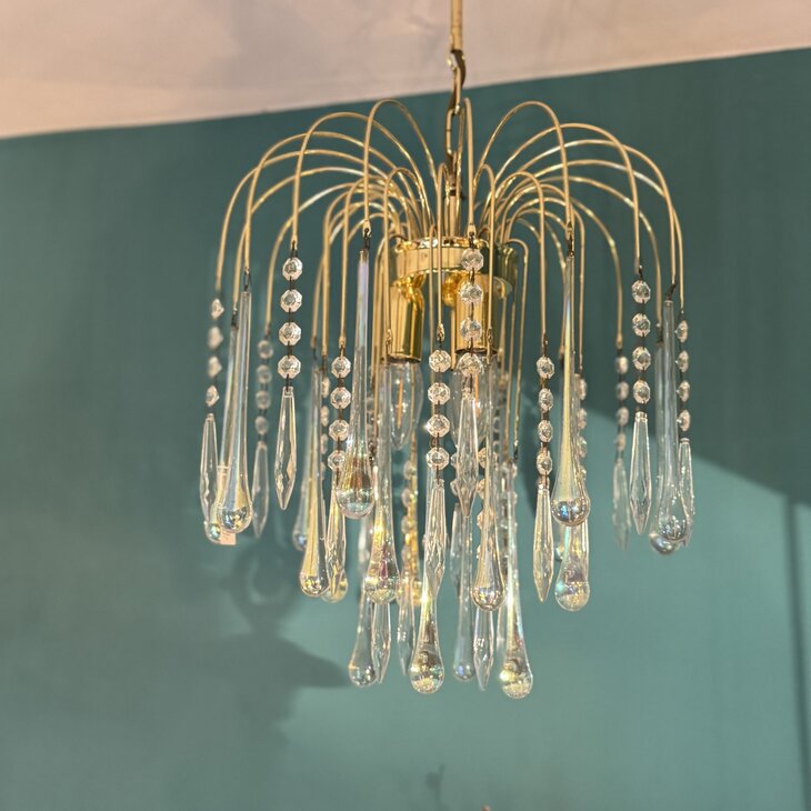 Vintage messing Murano glazen teardrop kroonluchter iriserend en transparant  | Sprinkelhop