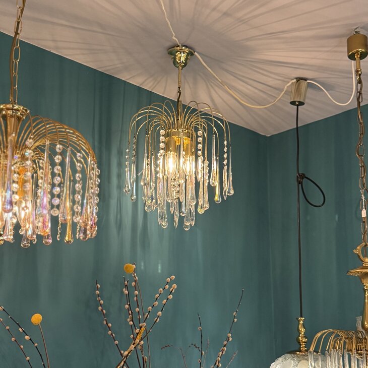 Vintage messing Murano glazen teardrop kroonluchter iriserend en transparant  | Sprinkelhop