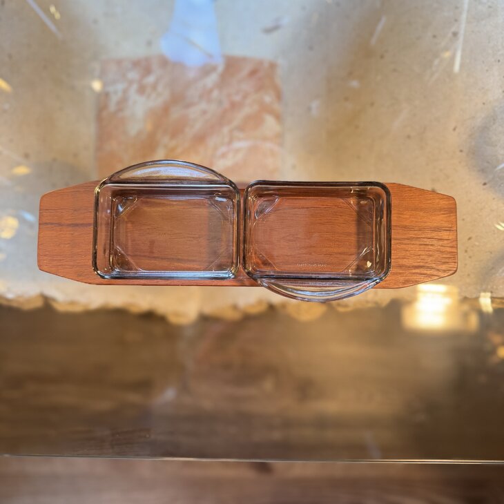 Vintage Deense teakhouten tray met glazen serveerschaaltjes klein | Sprinkelhop