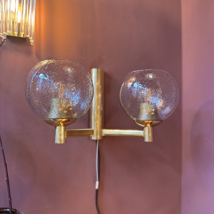 Vintage messing wandlamp met 2 Murano glazen spikkel bollen | Sprinkelhop