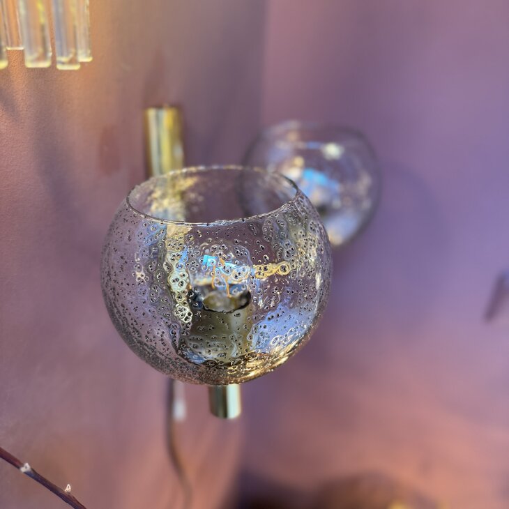 Vintage messing wandlamp met 2 Murano glazen spikkel bollen | Sprinkelhop