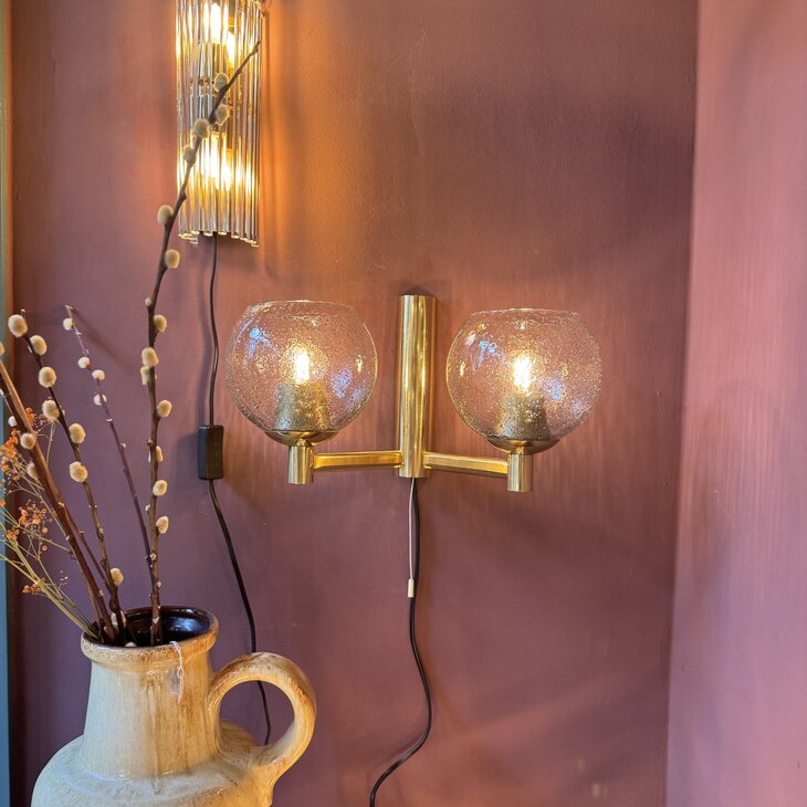 Vintage messing wandlamp met 2 Murano glazen spikkel bollen | Sprinkelhop