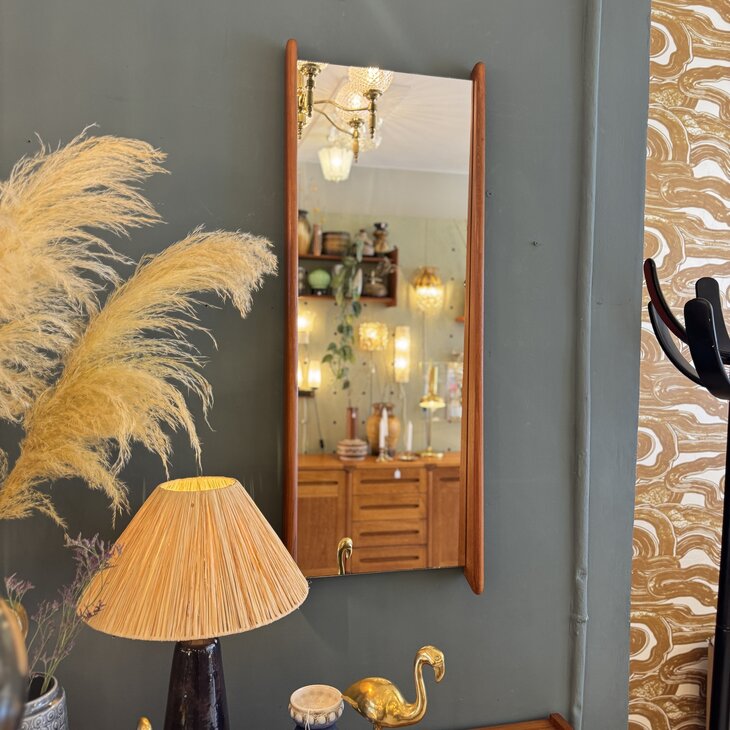 Vintage Deense langwerpige teak houten spiegel