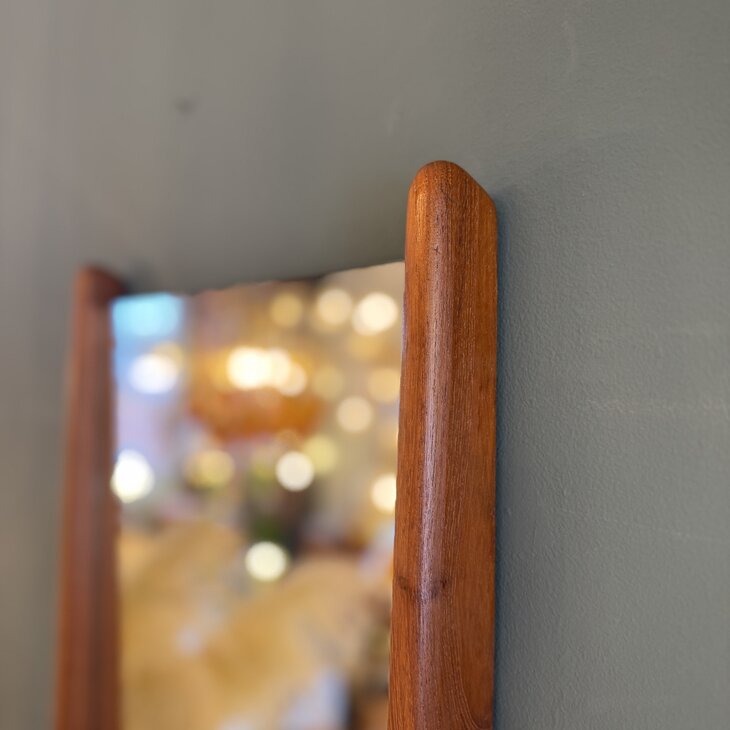 Vintage Deense langwerpige teak houten spiegel
