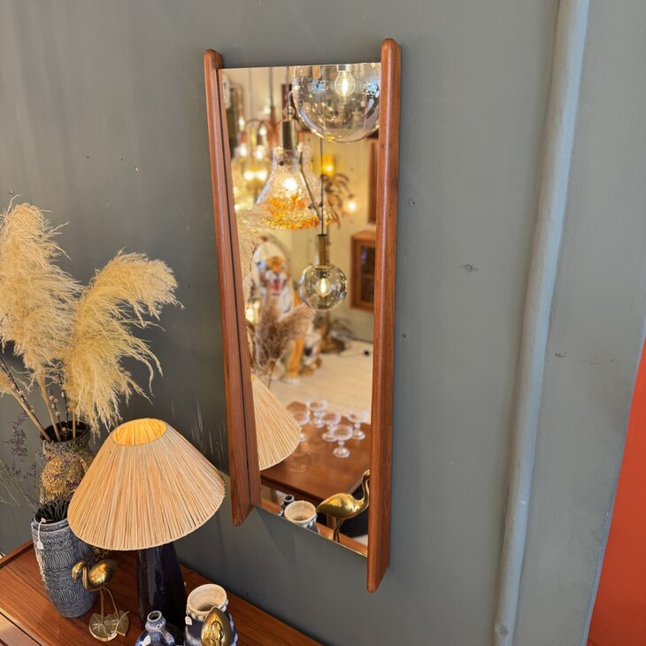 Vintage Deense langwerpige teak houten spiegel