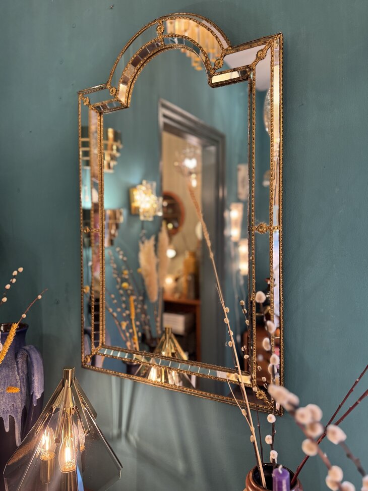 Vintage Spaanse trapezium spiegel met messing| Sprinkelhop