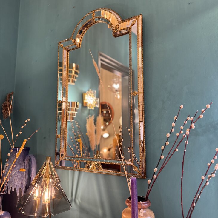 Vintage Spaanse trapezium spiegel met messing| Sprinkelhop