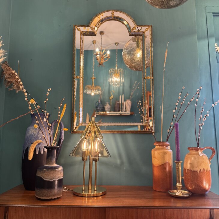 Vintage Spaanse trapezium spiegel met messing| Sprinkelhop