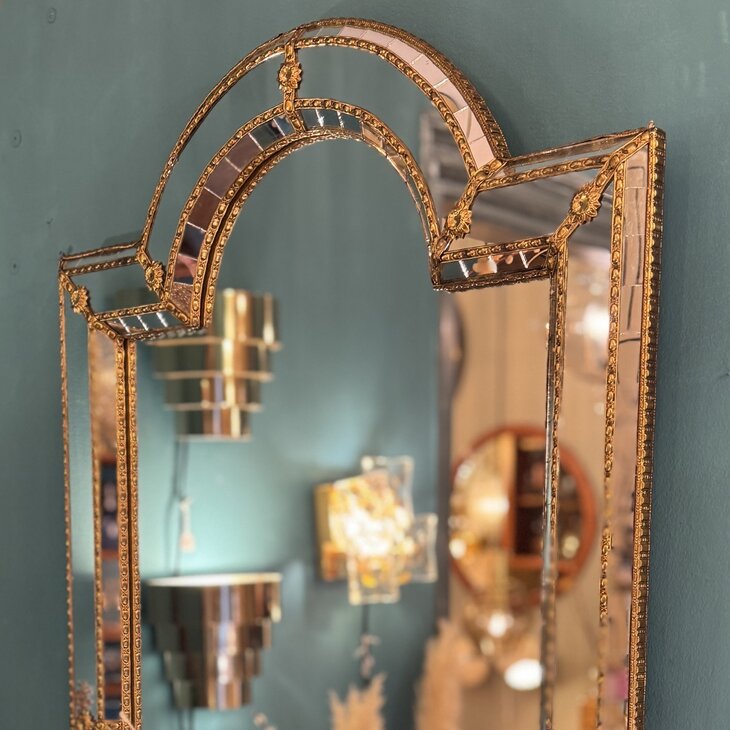 Vintage Spaanse trapezium spiegel met messing| Sprinkelhop