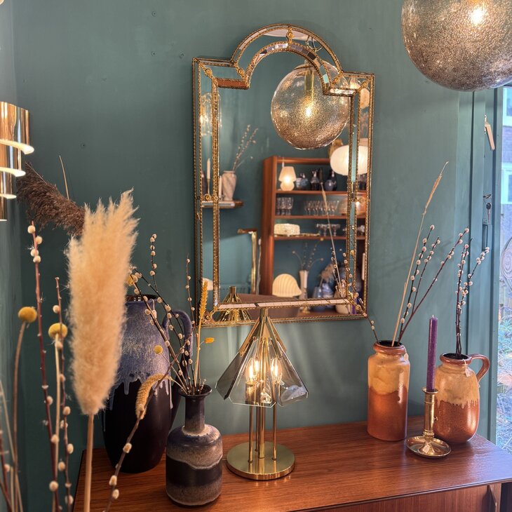 Vintage Spaanse trapezium spiegel met messing| Sprinkelhop