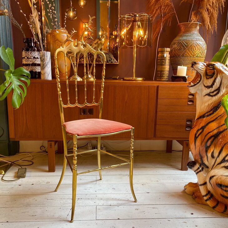 Vintage messing Chiavari stoel roze fluweel | Sprinkelhop