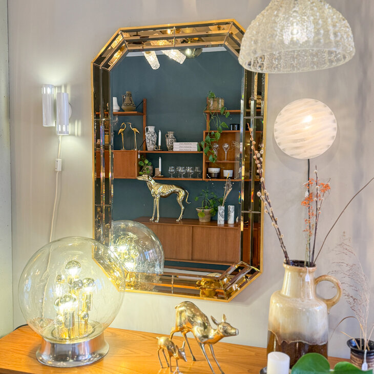 Vintage octagon messing spiegel met dubbele bronskleurige rand | Sprinkelhop