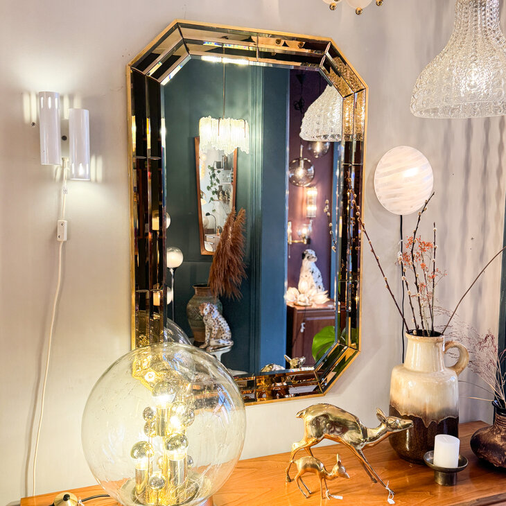 Vintage octagon messing spiegel met dubbele bronskleurige rand | Sprinkelhop