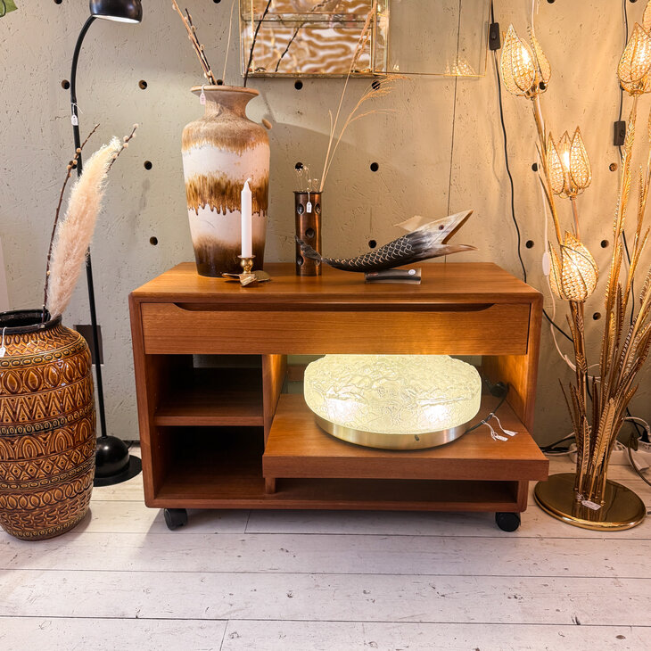 Vintage teak open kastje met uitschuifbaar blad en lade | Sprinkelhop