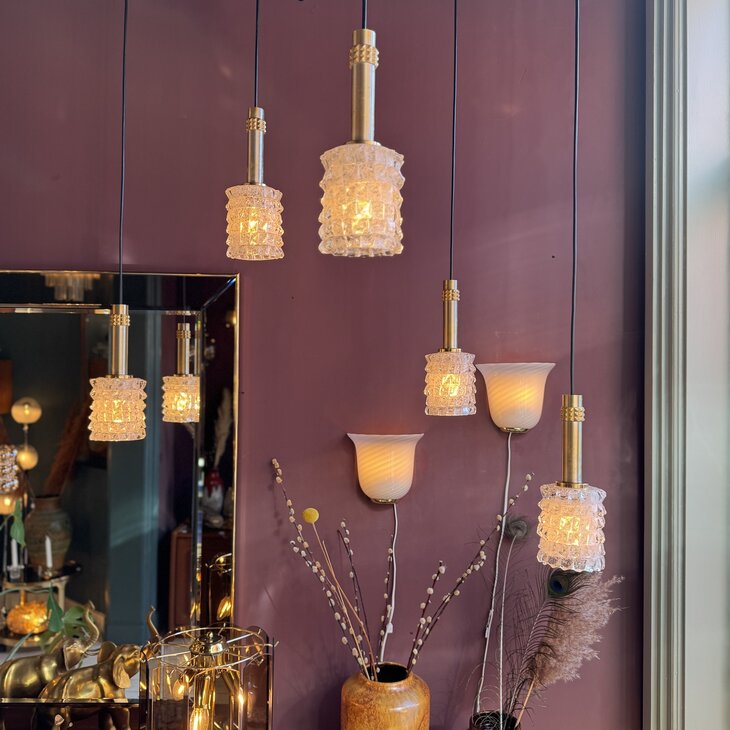 Vintage Murano glazen hanglamp goud messing| Sprinkelhop