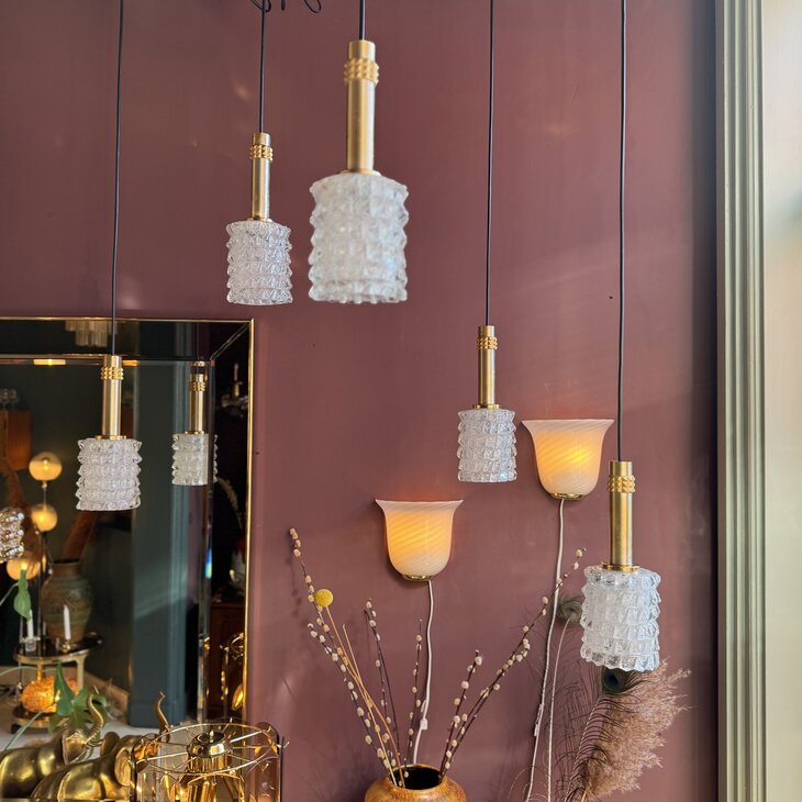 Vintage Murano glazen hanglamp goud messing| Sprinkelhop