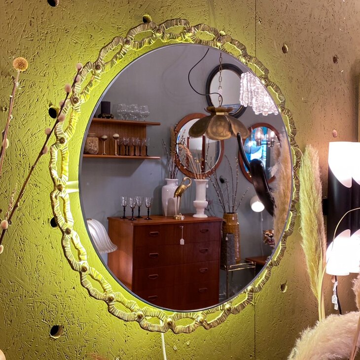 Schoninger vintage messing ronde spiegel met verlichting | Sprinkelhop