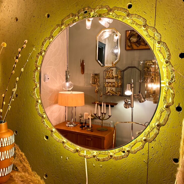 Schoninger vintage messing ronde spiegel met verlichting | Sprinkelhop