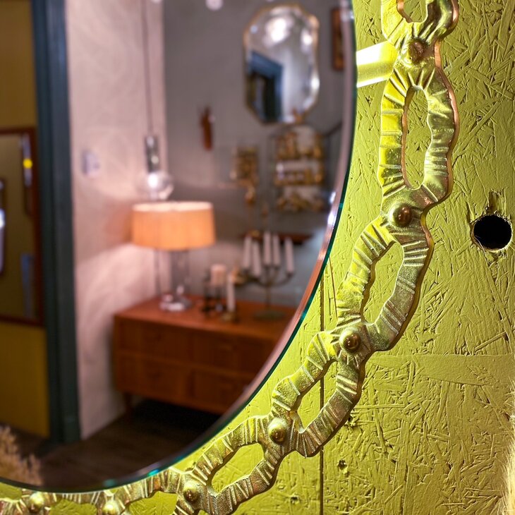 Schoninger vintage messing ronde spiegel met verlichting | Sprinkelhop