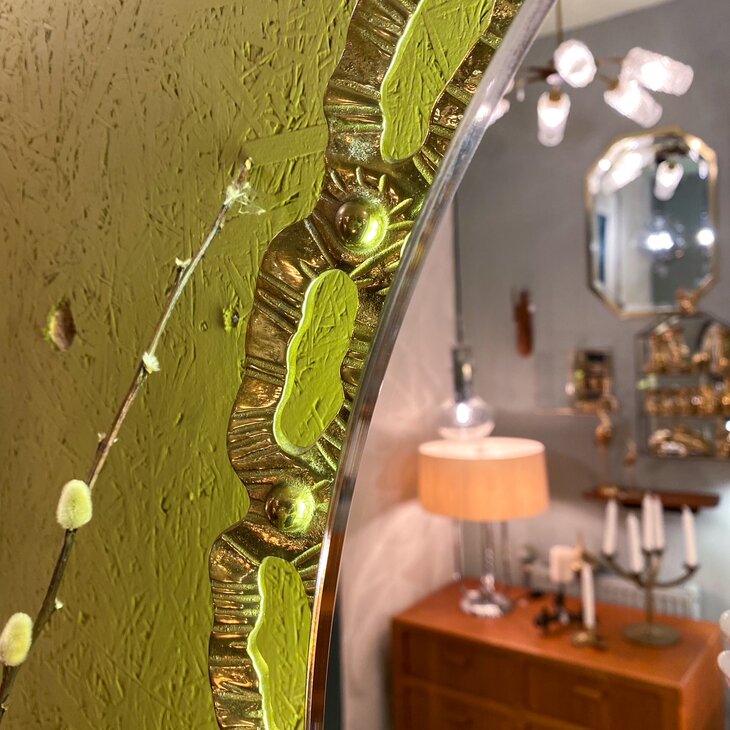 Schoninger vintage messing ronde spiegel met verlichting | Sprinkelhop