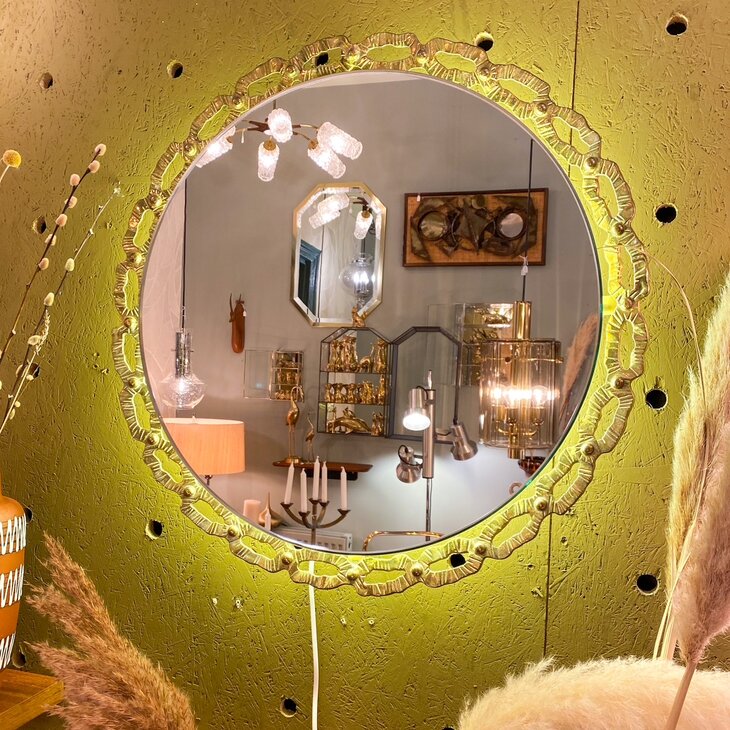 Schoninger vintage messing ronde spiegel met verlichting | Sprinkelhop