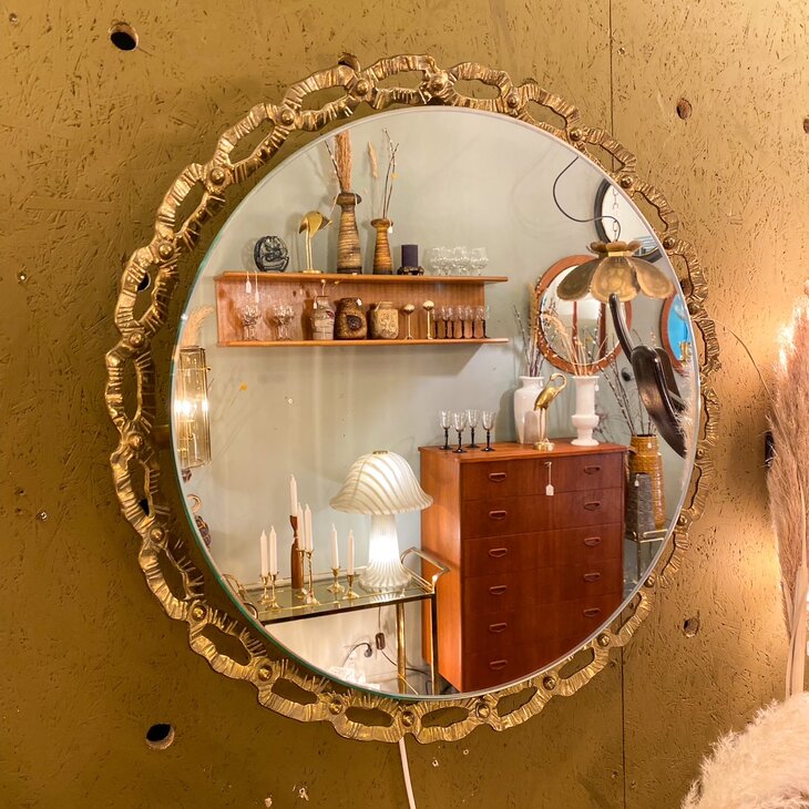 Schoninger vintage messing ronde spiegel met verlichting | Sprinkelhop