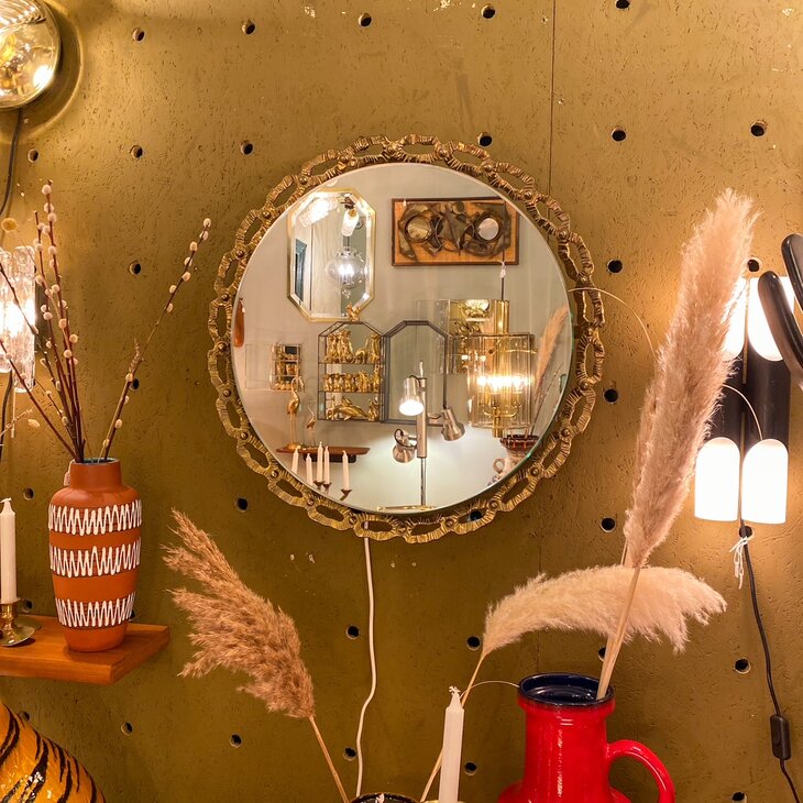 Schoninger vintage messing ronde spiegel met verlichting | Sprinkelhop