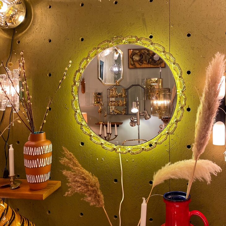 Schoninger vintage messing ronde spiegel met verlichting | Sprinkelhop