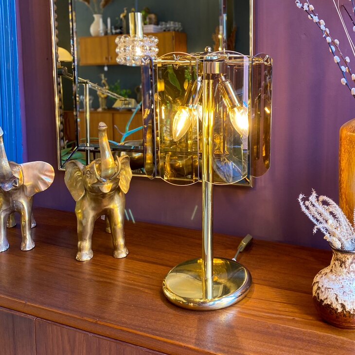 Vintage messing rookglazen platen tafellamp | Sprinkelhop