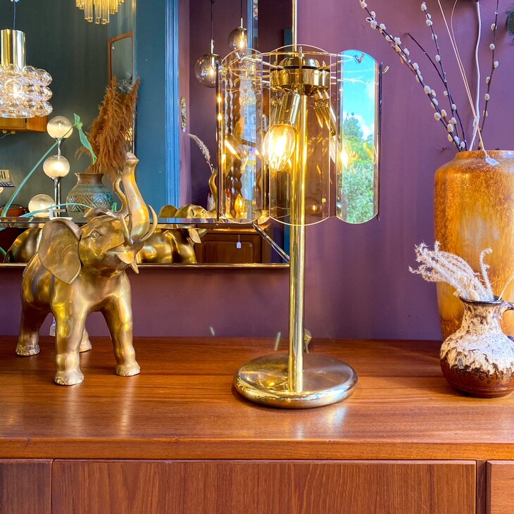 Vintage messing rookglazen platen tafellamp | Sprinkelhop