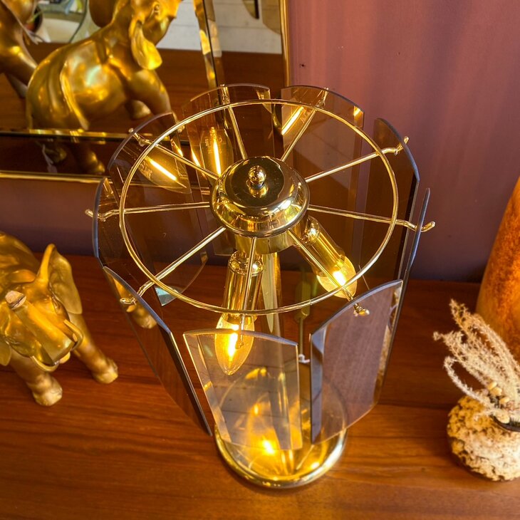 Vintage messing rookglazen platen tafellamp | Sprinkelhop