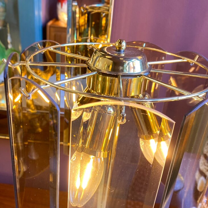 Vintage messing rookglazen platen tafellamp | Sprinkelhop