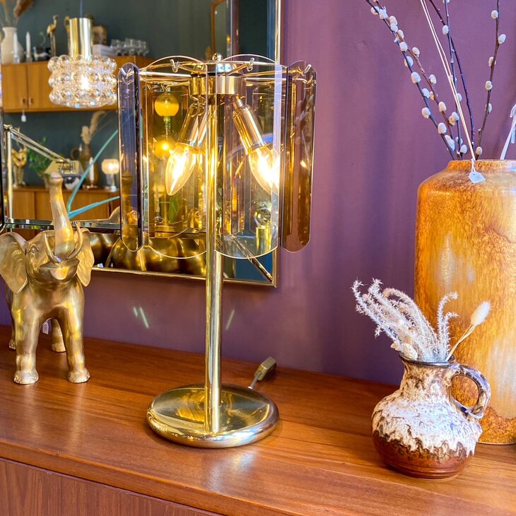 Vintage messing rookglazen platen tafellamp | Sprinkelhop