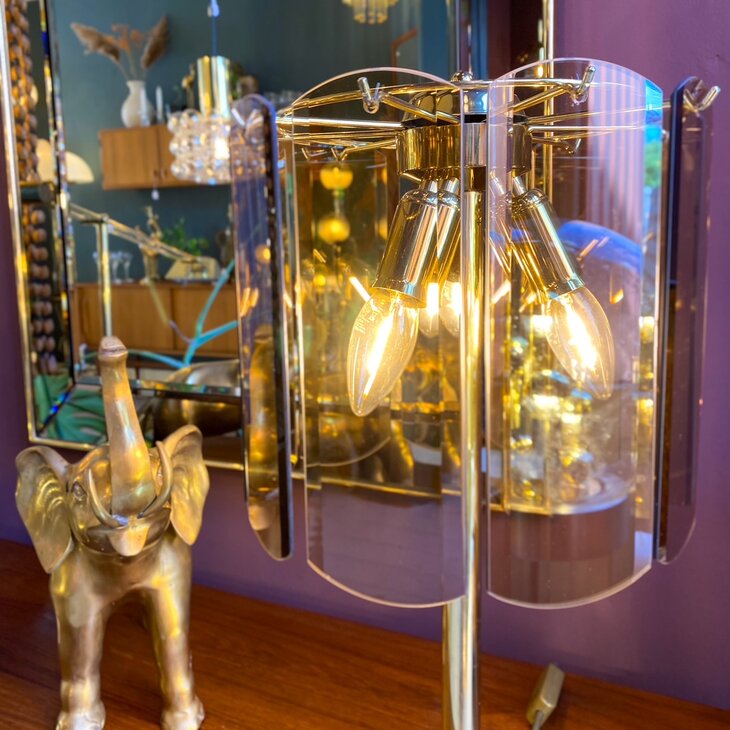 Vintage messing rookglazen platen tafellamp | Sprinkelhop