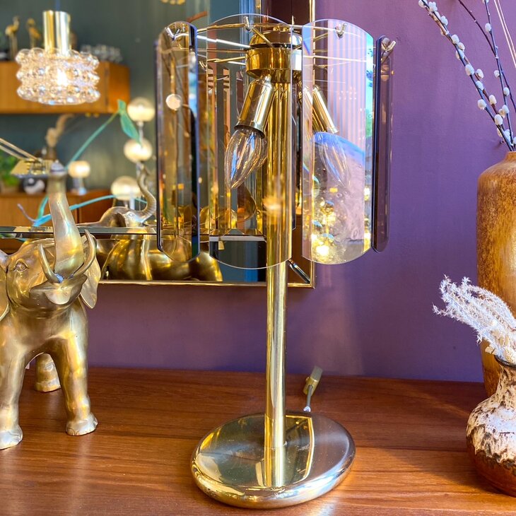 Vintage messing rookglazen platen tafellamp | Sprinkelhop