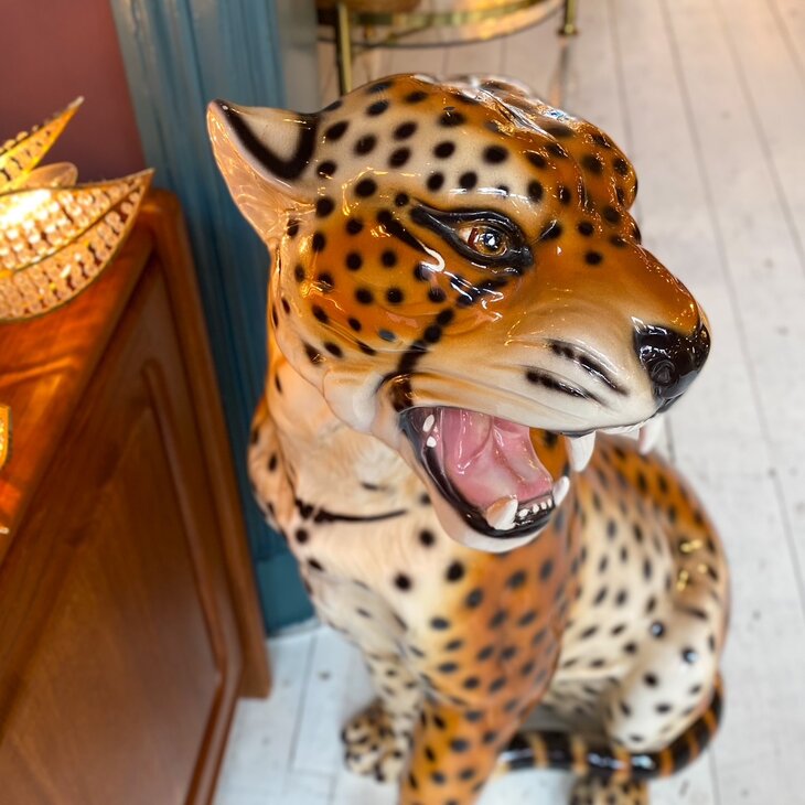 Vintage XL zittende panter luipaard porselein | Sprinkelhop