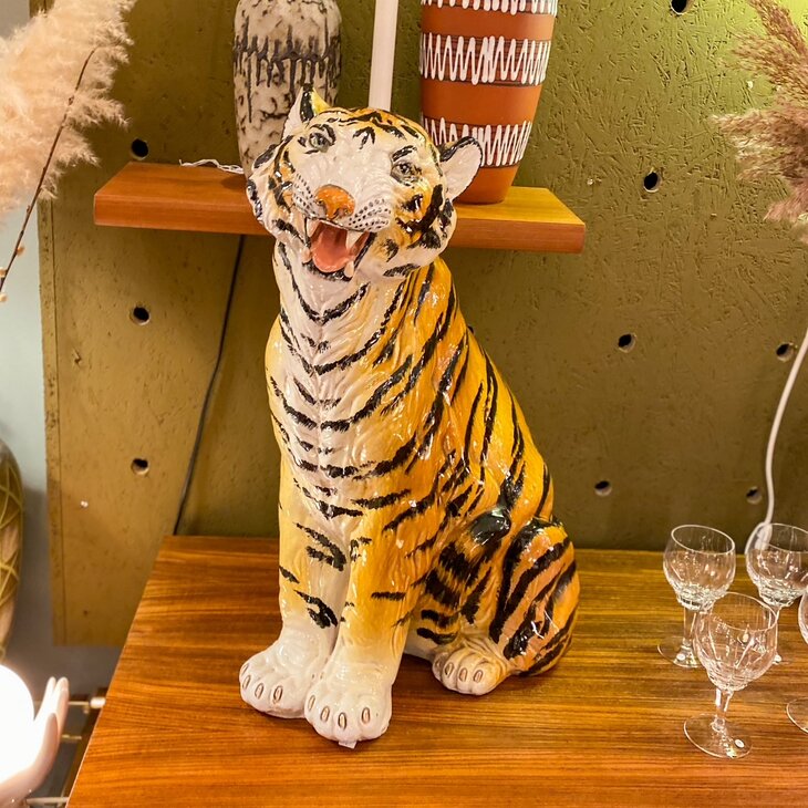 Vintage keramieken tijger beeld handbeschilderd zittend | Sprinkelhop