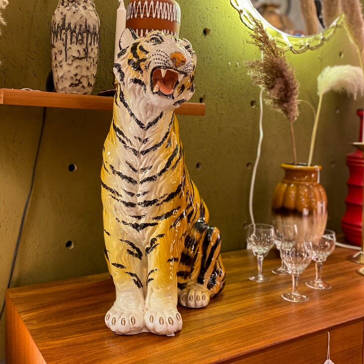 Vintage keramieken tijger beeld handbeschilderd zittend | Sprinkelhop