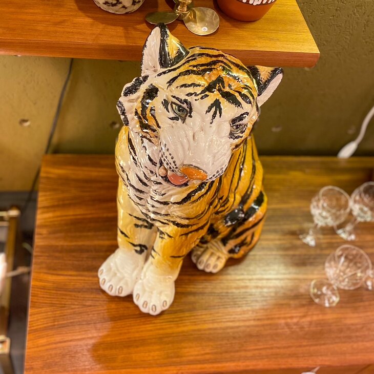 Vintage keramieken tijger beeld handbeschilderd zittend | Sprinkelhop