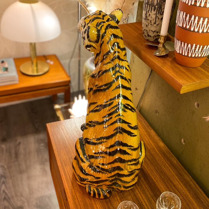 Vintage keramieken tijger beeld handbeschilderd zittend | Sprinkelhop