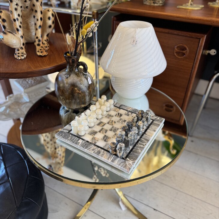 Vintage klein marmeren schaakspel grijs beige | Sprinkelhop