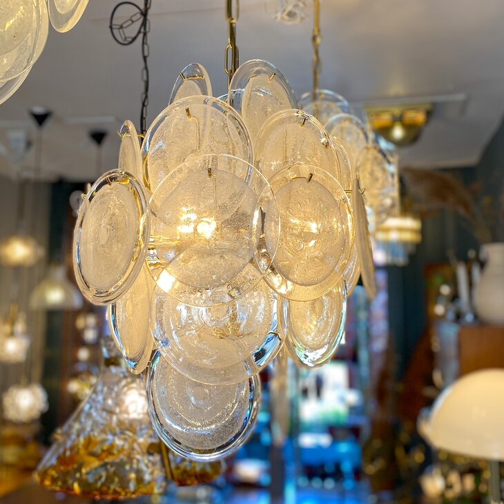 Vintage Italiaanse Vistosi schijven hanglamp Muranoglas groot | Sprinkelhop