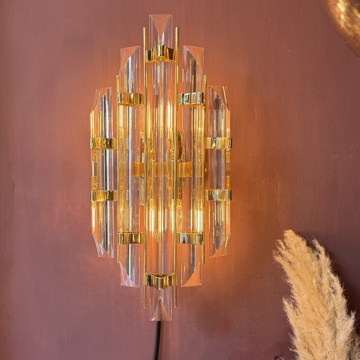 Vintage Italiaanse wandlamp messing met geslepen kristalglazen staven | Sprinkelhop