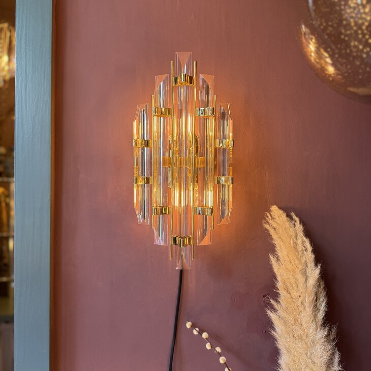 Vintage Italiaanse wandlamp messing met geslepen kristalglazen staven | Sprinkelhop