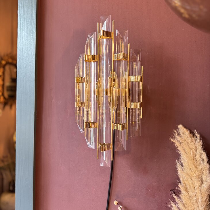 Vintage Italiaanse wandlamp messing met geslepen kristalglazen staven | Sprinkelhop