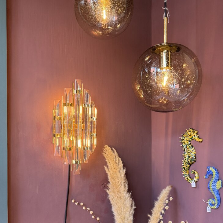 Vintage Italiaanse wandlamp messing met geslepen kristalglazen staven | Sprinkelhop