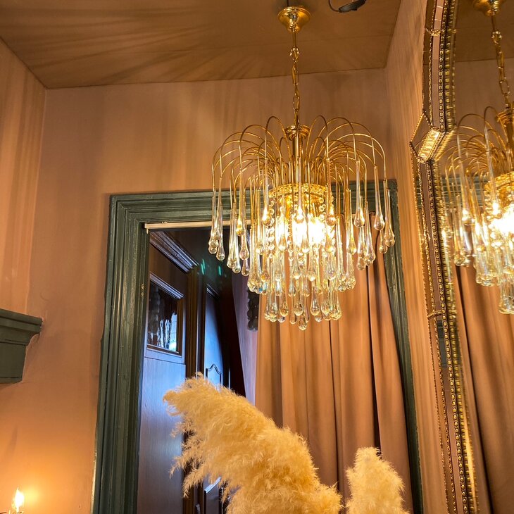 Vintage teardrop kroonluchter Paolo Venini olieglas groot | Sprinkelhop