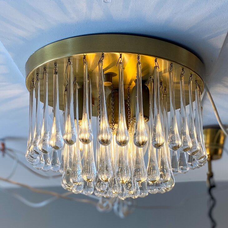 Vintage teardrop messing plafondlamp transparant | Sprinkelhop